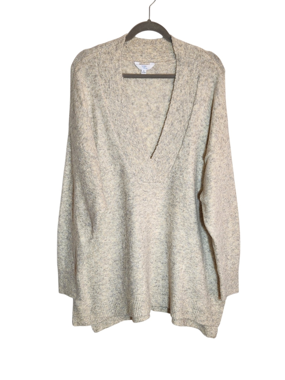 Time and Tru Cream Gray Oatmeal Fuzzy Oversized V-Neck Sweater Size XL NWT